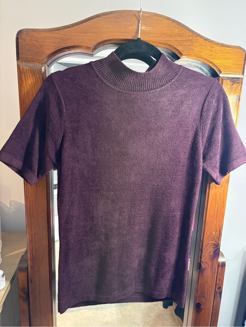 Jessica Vintage Velvet-Knit Funnel-Neck Short Sleeve Sweater in Plum